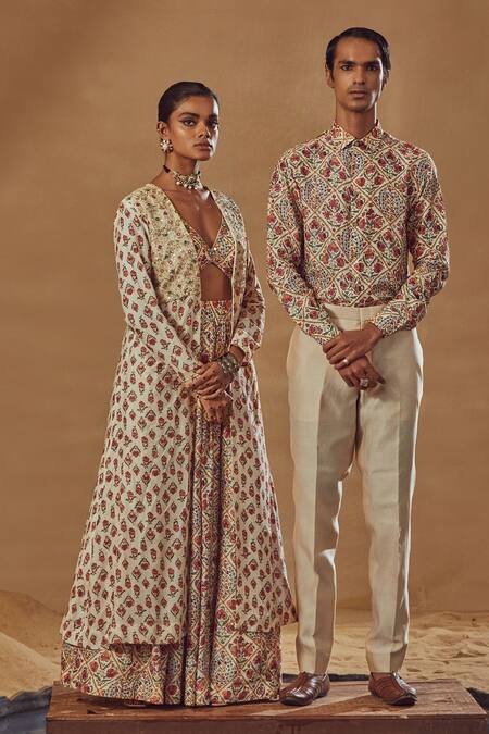 Buy Drishti & Zahabia Ivory Dupion Silk Anchor Threads, Dori Work, Floral Print, Jacket Lehenga Set Buy_Drishti & Zahabia_Ivory Dupion Silk Anchor Threads, Dori Work, Floral Print, Jacket Lehenga Set