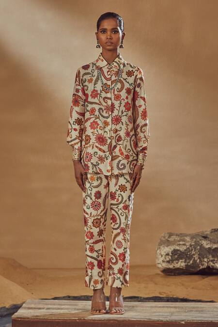 Shop Drishti & Zahabia Ivory Dupion Silk Anchor Threads, Dori Work, Floral Print, Shirt And Pant Set at Aza Fashions Shop_Drishti & Zahabia_Ivory Dupion Silk Anchor Threads, Dori Work, Floral Print, Shirt And Pant Set_at_Aza_Fashions