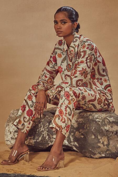 Drishti & Zahabia Ivory Dupion Silk Anchor Threads, Dori Work, Floral Print, Shirt And Pant Set Online at Aza Fashions Drishti & Zahabia_Ivory Dupion Silk Anchor Threads, Dori Work, Floral Print, Shirt And Pant Set_Online_at_Aza_Fashions