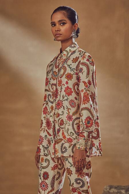 Buy Drishti & Zahabia Ivory Dupion Silk Anchor Threads, Dori Work, Floral Print, Shirt And Pant Set Online at Aza Fashions Buy_Drishti & Zahabia_Ivory Dupion Silk Anchor Threads, Dori Work, Floral Print, Shirt And Pant Set_Online_at_Aza_Fashions