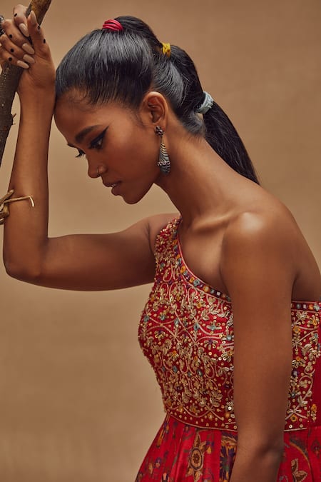 Drishti & Zahabia_Red Dupion Silk Anchor Threads, Dori Work, Floral Print, Mirrors, Anarkali _Online_at_Aza_Fashions