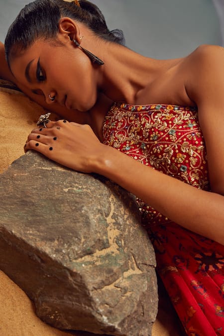 Buy_Drishti & Zahabia_Red Dupion Silk Anchor Threads, Dori Work, Floral Print, Mirrors, Anarkali _Online_at_Aza_Fashions