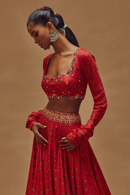 Shop_Drishti & Zahabia_Red Dupion Silk And Net Anchor Threads, Dori Work, Floral Print, Lehenga Set _Online_at_Aza_Fashions