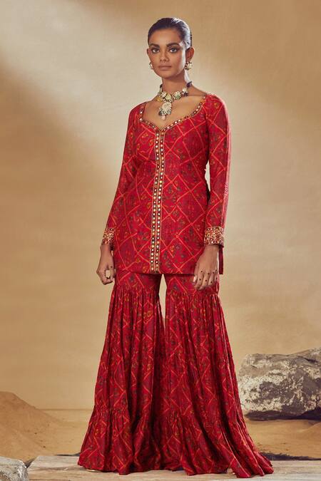 Drishti & Zahabia_Red Dupion Silk And Net Anchor Threads, Dori Work, Floral Print, Kurta Sharara Set_Online_at_Aza_Fashions