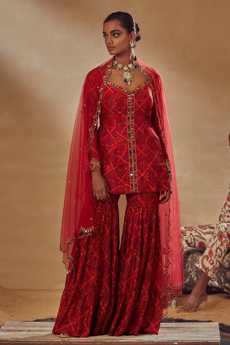 Buy_Drishti & Zahabia_Red Dupion Silk And Net Anchor Threads, Dori Work, Floral Print, Kurta Sharara Set_Online_at_Aza_Fashions