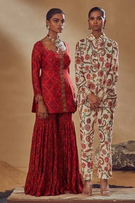 Shop_Drishti & Zahabia_Red Dupion Silk And Net Anchor Threads, Dori Work, Floral Print, Kurta Sharara Set_Online_at_Aza_Fashions
