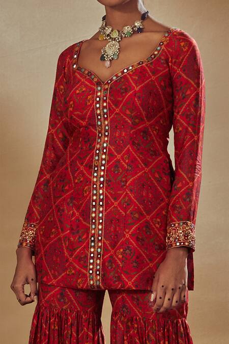 Drishti & Zahabia_Red Dupion Silk And Net Anchor Threads, Dori Work, Floral Print, Kurta Sharara Set_at_Aza_Fashions