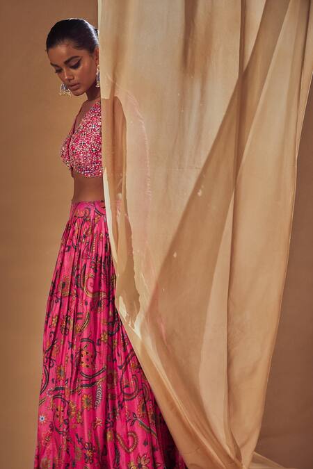 Buy_Drishti & Zahabia_Fuchsia Dupion Silk And Net Anchor Threads, Dori Work, Floral Print, Lehenga Set _Online_at_Aza_Fashions
