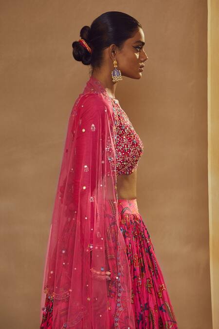 Shop_Drishti & Zahabia_Fuchsia Dupion Silk And Net Anchor Threads, Dori Work, Floral Print, Lehenga Set _Online_at_Aza_Fashions