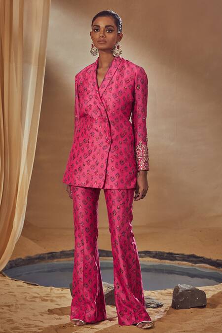 Drishti & Zahabia_Fuchsia Dupion Silk Anchor Threads, Dori Work, Jacket Style Tunic And Pant Set_Online_at_Aza_Fashions