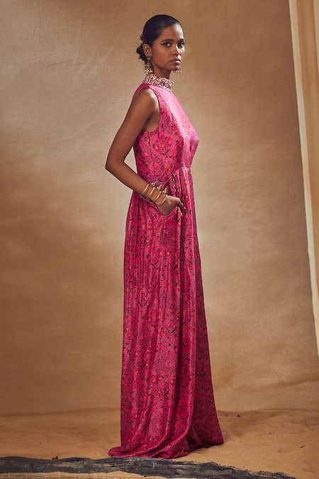 Shop_Drishti & Zahabia_Fuchsia Dupion Silk Anchor Threads, Dori Work, Floral Print, Mirrors, Jumpsuit _at_Aza_Fashions