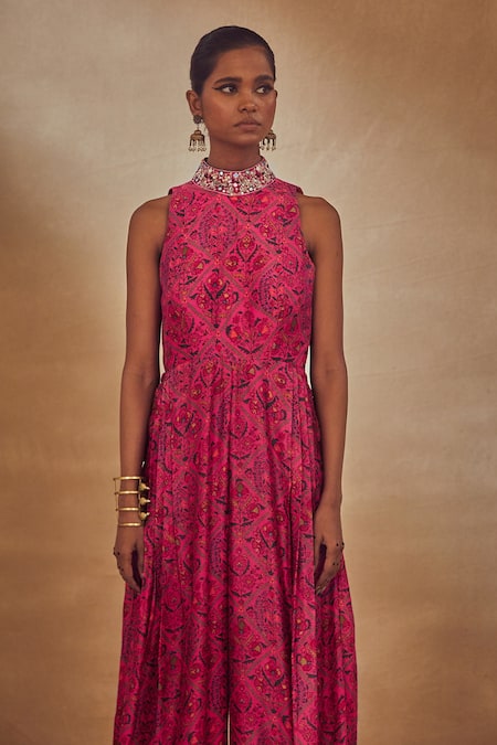 Drishti & Zahabia_Fuchsia Dupion Silk Anchor Threads, Dori Work, Floral Print, Mirrors, Jumpsuit _Online_at_Aza_Fashions