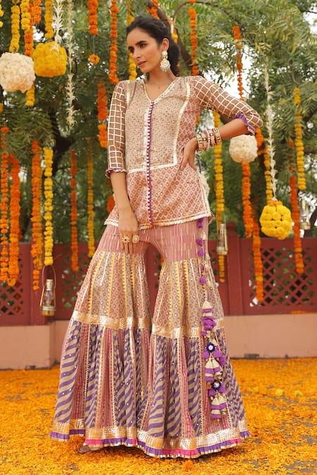 Shop_Maayera Jaipur_Beige Dupatta-silk Organza, Mul Satin, Swiss Cotton Printed Kurta Sharara Set _at_Aza_Fashions