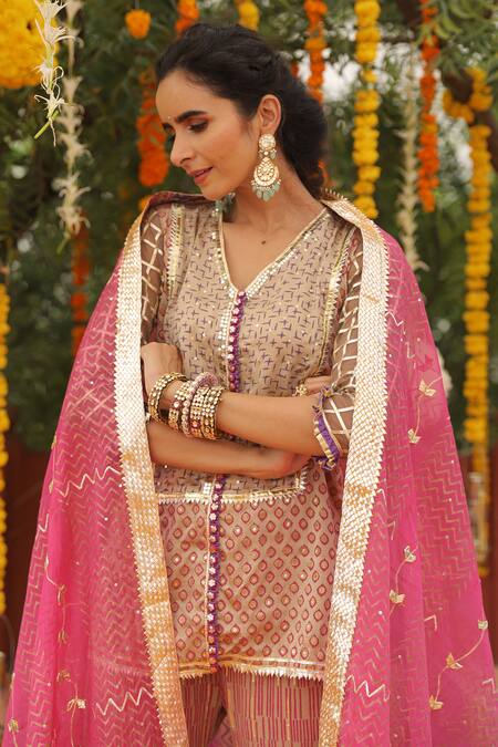 Buy_Maayera Jaipur_Beige Dupatta-silk Organza, Mul Satin, Swiss Cotton Printed Kurta Sharara Set _Online_at_Aza_Fashions