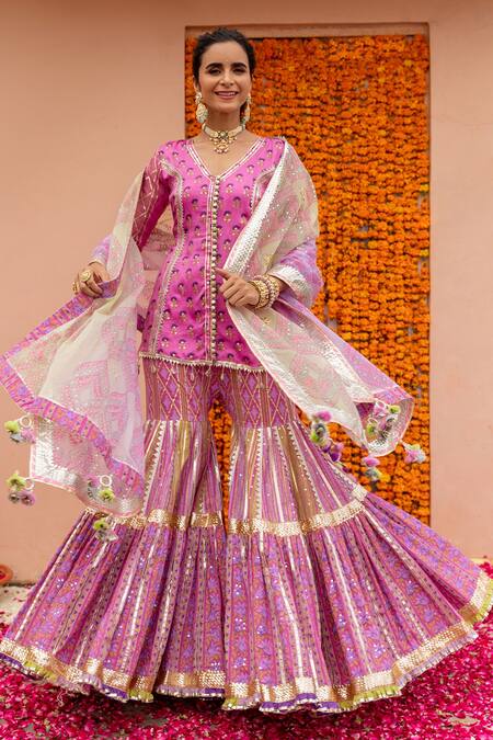 Maayera Jaipur_Pink Dupatta-silk Organza, Mul Satin, Swiss Cotton Printed Kurta Sharara Set_Online_at_Aza_Fashions