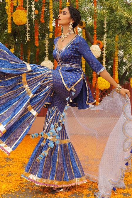 Shop Maayera Jaipur Blue Dupatta-silk Organza, Mul Satin, Swiss Printed Peplum Kurta Sharara Set at Aza Fashions Shop_Maayera Jaipur_Blue Dupatta-silk Organza, Mul Satin, Swiss Printed Peplum Kurta Sharara Set_at_Aza_Fashions