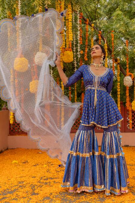 Maayera Jaipur_Blue Dupatta-silk Organza, Mul Satin, Swiss Printed Peplum Kurta Sharara Set_Online_at_Aza_Fashions