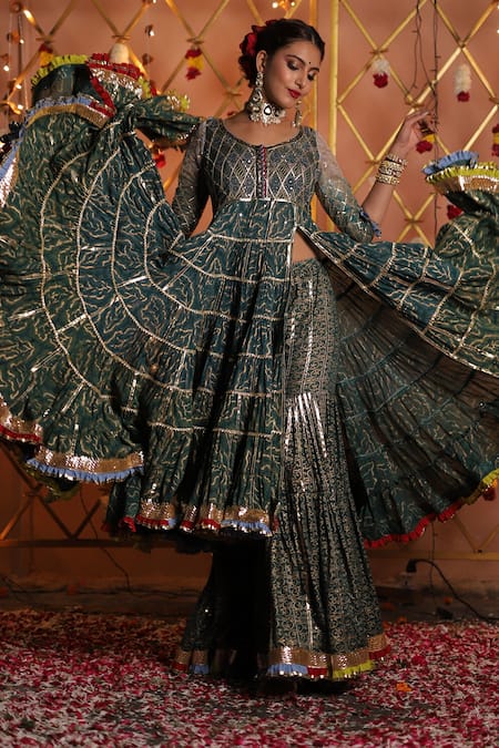Shop_Maayera Jaipur_Green Dupatta-organza, Swiss Cotton Floral, Printed Anarkali Sharara Set _at_Aza_Fashions