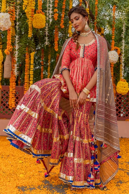 Shop_Maayera Jaipur_Red Silk Organza, Swiss Cotton Floral Round Printed Peplum Kurta Sharara Set _at_Aza_Fashions