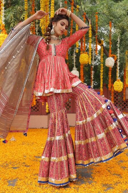 Maayera Jaipur_Red Silk Organza, Swiss Cotton Floral Round Printed Peplum Kurta Sharara Set _Online_at_Aza_Fashions