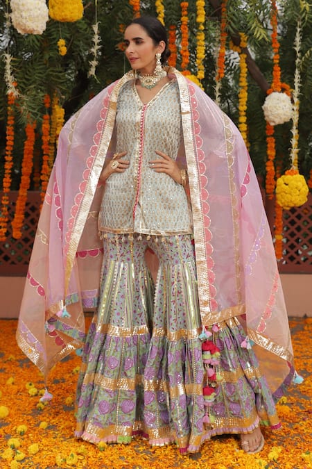 Shop_Maayera Jaipur_Blue Silk Organza, Swiss Cotton Floral V Neck Print Kurta Sharara Set _at_Aza_Fashions