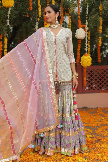 Maayera Jaipur_Blue Silk Organza, Swiss Cotton Floral V Neck Print Kurta Sharara Set _Online_at_Aza_Fashions