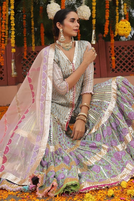 Buy_Maayera Jaipur_Blue Silk Organza, Swiss Cotton Floral V Neck Print Kurta Sharara Set _Online_at_Aza_Fashions