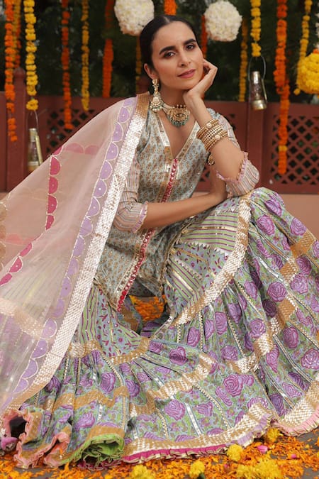 Shop Maayera Jaipur Blue Silk Organza, Swiss Cotton Floral V Neck Print Kurta Sharara Set Online at Aza Fashions Shop_Maayera Jaipur_Blue Silk Organza, Swiss Cotton Floral V Neck Print Kurta Sharara Set _Online_at_Aza_Fashions