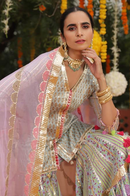 Maayera Jaipur_Blue Silk Organza, Swiss Cotton Floral V Neck Print Kurta Sharara Set _at_Aza_Fashions