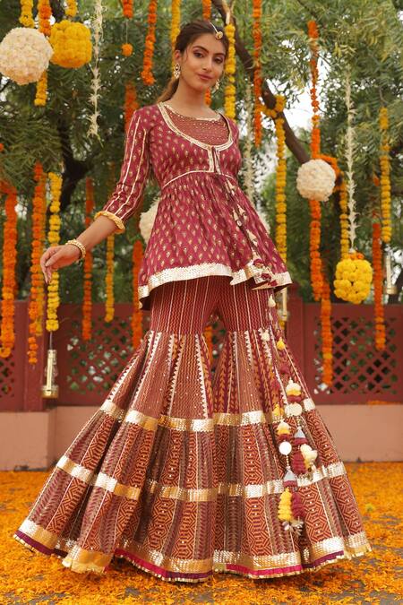 Maayera Jaipur_Wine Silk Organza, Swiss Cotton Floral, Printed Peplum Kurta Sharara Set_Online_at_Aza_Fashions