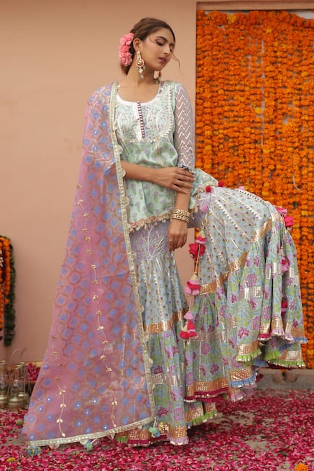 Buy_Maayera Jaipur_Green Silk Organza, Swiss Cotton Floral, Geometric Printed Tunic Sharara Set _Online_at_Aza_Fashions