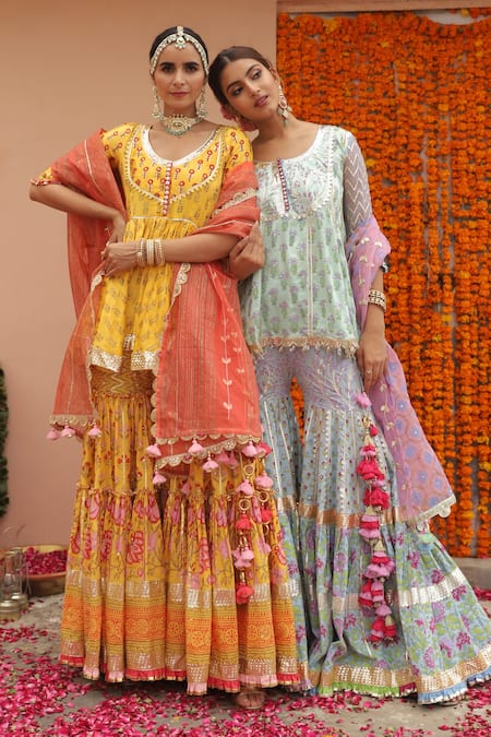 Shop_Maayera Jaipur_Green Silk Organza, Swiss Cotton Floral, Geometric Printed Tunic Sharara Set _Online_at_Aza_Fashions