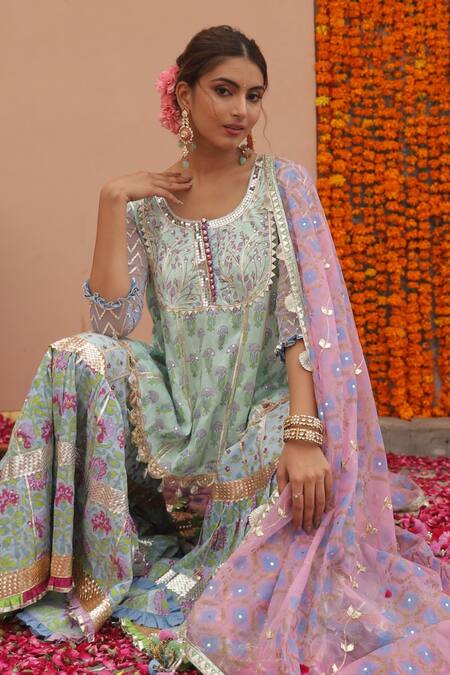 Maayera Jaipur_Green Silk Organza, Swiss Cotton Floral, Geometric Printed Tunic Sharara Set _at_Aza_Fashions