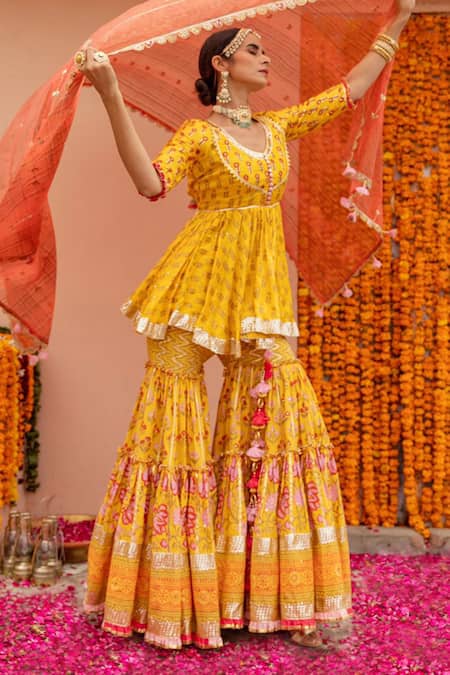 Maayera Jaipur_Yellow Silk Organza, Swiss Cotton Floral, Printed Peplum Kurta Sharara Set_Online_at_Aza_Fashions
