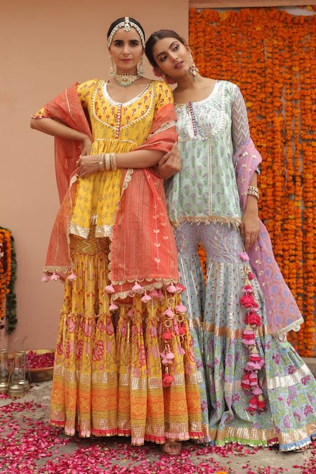 Shop_Maayera Jaipur_Yellow Silk Organza, Swiss Cotton Floral, Printed Peplum Kurta Sharara Set_Online_at_Aza_Fashions