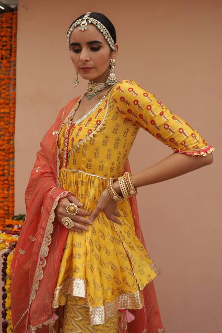 Maayera Jaipur_Yellow Silk Organza, Swiss Cotton Floral, Printed Peplum Kurta Sharara Set_at_Aza_Fashions