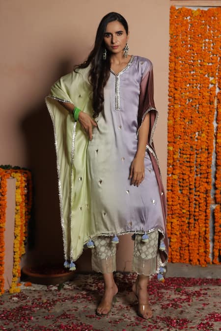 Maayera Jaipur_Multi Color Silk Organza, Swiss Cotton Geometric V Colorblock Kurta Pant Set _Online_at_Aza_Fashions