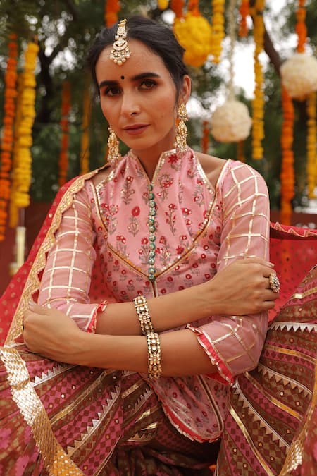 Buy_Maayera Jaipur_Pink Silk Organza, Swiss Cotton Floral High Neck Print Kurta Sharara Set _Online_at_Aza_Fashions