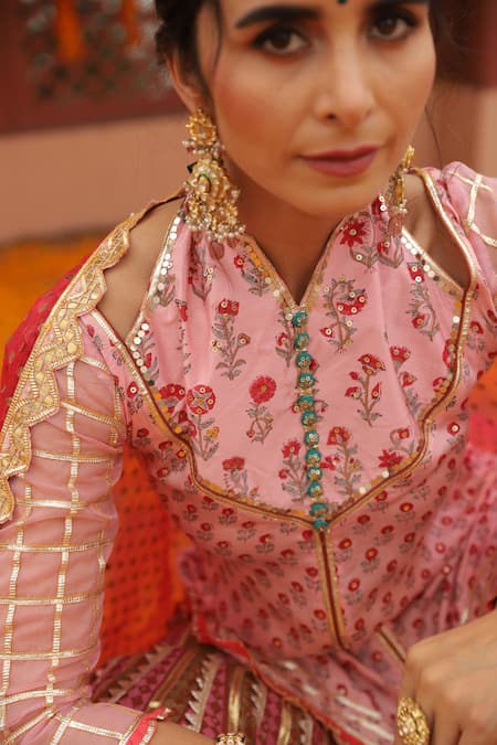 Shop_Maayera Jaipur_Pink Silk Organza, Swiss Cotton Floral High Neck Print Kurta Sharara Set _Online_at_Aza_Fashions