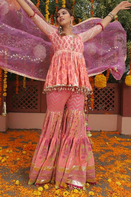 Maayera Jaipur_Pink Silk Organza, Swiss Cotton Floral, Printed Peplum Kurta Sharara Set_Online_at_Aza_Fashions