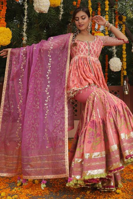 Buy_Maayera Jaipur_Pink Silk Organza, Swiss Cotton Floral, Printed Peplum Kurta Sharara Set_Online_at_Aza_Fashions