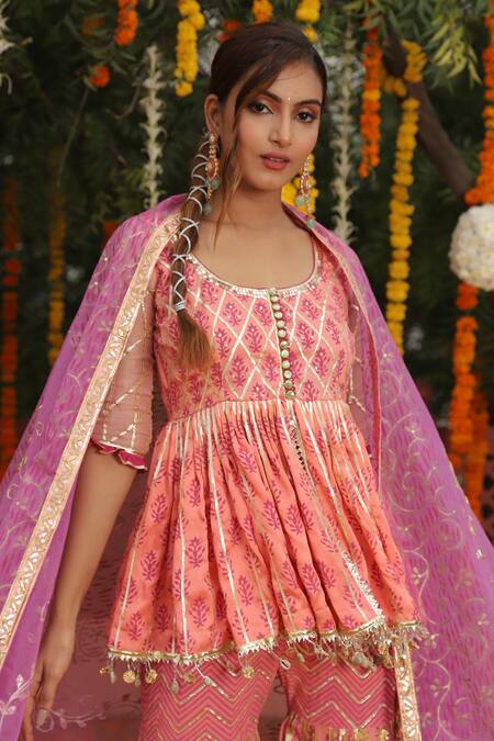 Shop_Maayera Jaipur_Pink Silk Organza, Swiss Cotton Floral, Printed Peplum Kurta Sharara Set_Online_at_Aza_Fashions