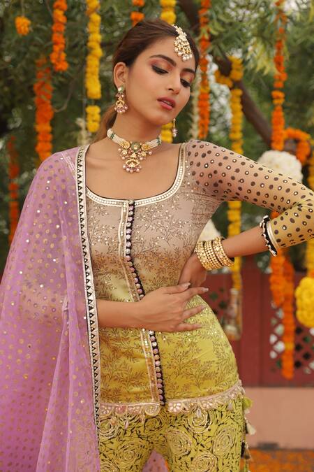 Maayera Jaipur_Blue Silk Organza, Swiss Cotton Floral Square Neck Print Kurta Sharara Set_Online_at_Aza_Fashions