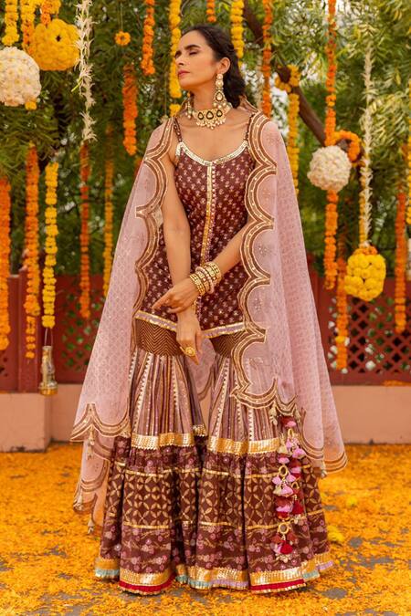 Maayera Jaipur_Multi Color Silk Organza, Swiss Cotton Floral Scoop Neck Print Kurta Sharara Set_Online_at_Aza_Fashions