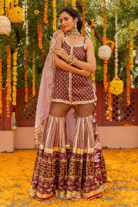 Shop Maayera Jaipur Multi Color Silk Organza, Swiss Cotton Floral Scoop Neck Print Kurta Sharara Set at Aza Fashions Shop_Maayera Jaipur_Multi Color Silk Organza, Swiss Cotton Floral Scoop Neck Print Kurta Sharara Set_at_Aza_Fashions