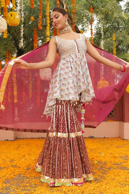Maayera Jaipur Blue Swiss Cotton Printed Floral Scoop Neck Kurta Sharara Set 
