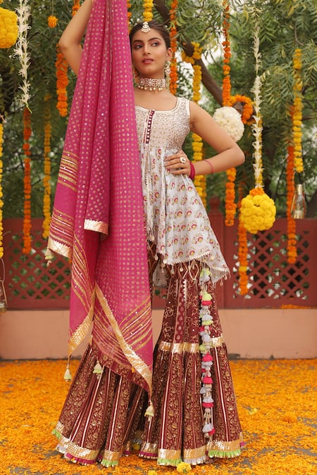 Maayera Jaipur_Blue Silk Organza, Swiss Cotton Floral Scoop Neck Print Kurta Sharara Set _Online_at_Aza_Fashions