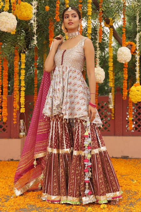 Buy_Maayera Jaipur_Blue Silk Organza, Swiss Cotton Floral Scoop Neck Print Kurta Sharara Set _Online_at_Aza_Fashions