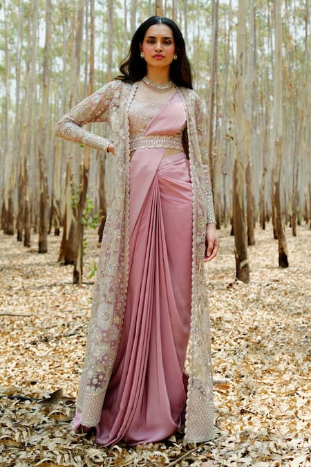 Gold prestitched drape saree with blouse and embroidered jacket set  available only at IBFW.