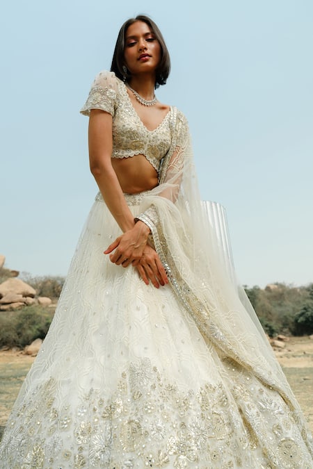 Embroidered Viscose Off White Color Lehenga For Wedding